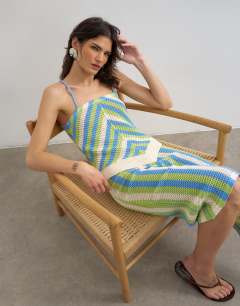 Knitted mix stripe co-ord stitchy halter top in green and blue multi