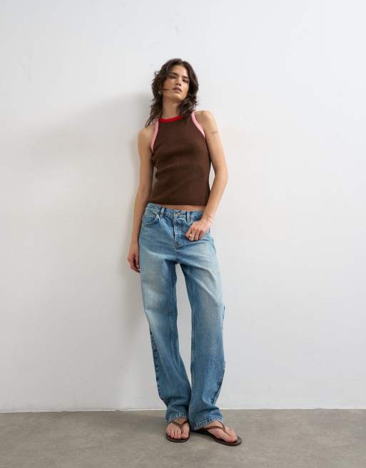 Topshop knitted multi colour trim racer vest in brown, 3 of 4