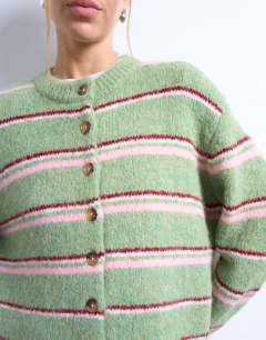 Model wearing Knitted multi stripe cardigan in green