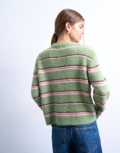 Model wearing Knitted multi stripe cardigan in green