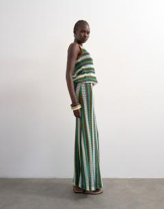 Knitted multi stripe co-ord maxi skirt in blue and brown