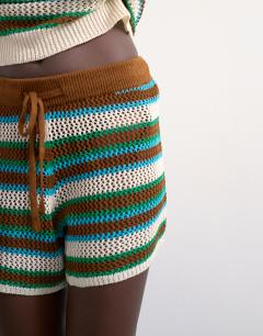 Model wearing Knitted multi stripe co-ord short in blue and brown