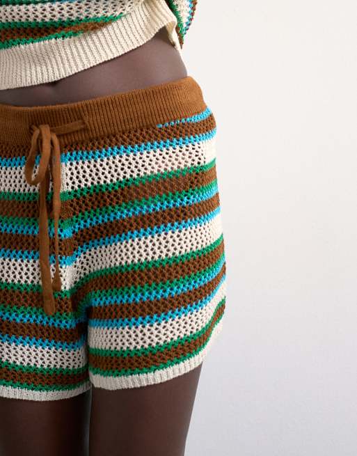 Topshop knitted multi stripe co-ord short in blue and brown, 3 of 5