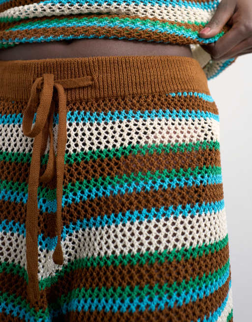 Topshop knitted multi stripe co-ord short in blue and brown, 4 of 5