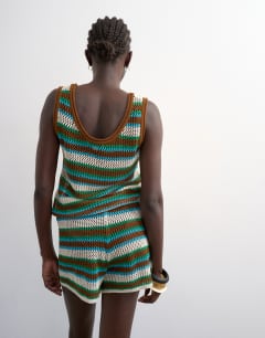 Model wearing Knitted multi stripe co-ord short in blue and brown