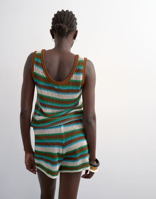 Topshop knitted multi stripe co-ord short in blue and brown, 5 of 5
