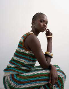 Knitted multi stripe co-ord vest in blue and brown