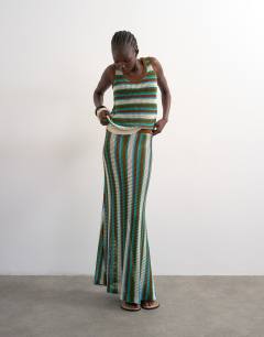 Model wearing Knitted multi stripe co-ord vest in blue and brown