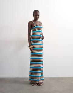 Knitted multi stripe maxi dress in blue