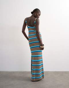 Model wearing Knitted multi stripe maxi dress in blue