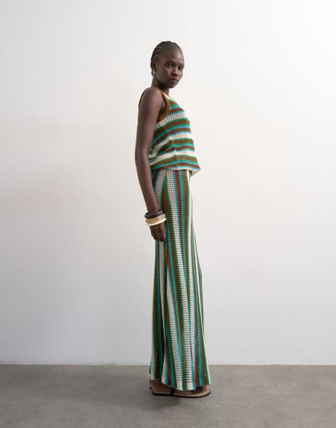 Topshop knitted multi stripe maxi skirt in blue and brown (part of a set) - view 1