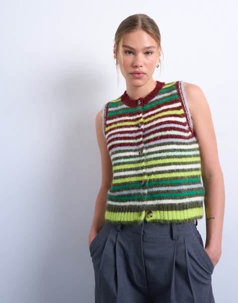 Topshop knitted multi stripe vest in green - view 1
