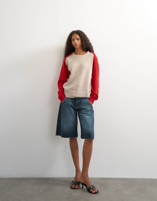 Topshop knitted multi wear jumper in neutral and red  , 3 of 4