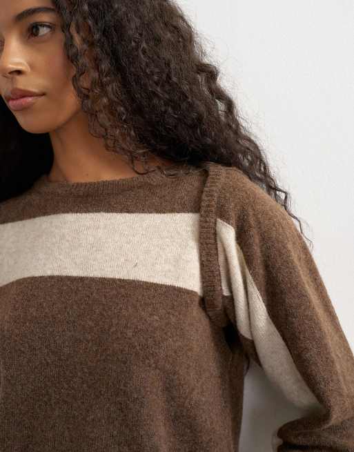 Topshop knitted multi wear stripe jumper in brown, 2 of 4