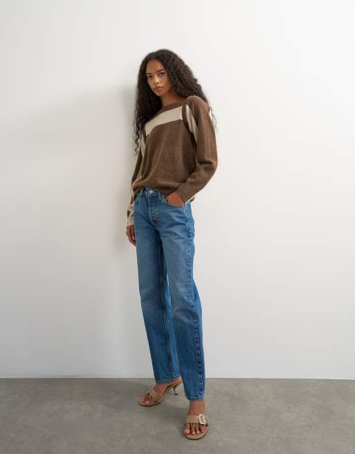 Topshop knitted multi wear stripe jumper in brown, 3 of 4