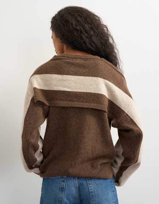 Topshop knitted multi wear stripe jumper in brown, 4 of 4