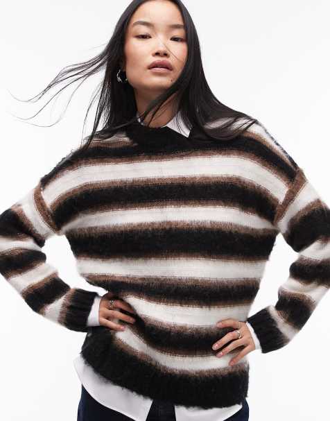 Topshop knitted neutral stripe oversized sweater in black and brown - view 1