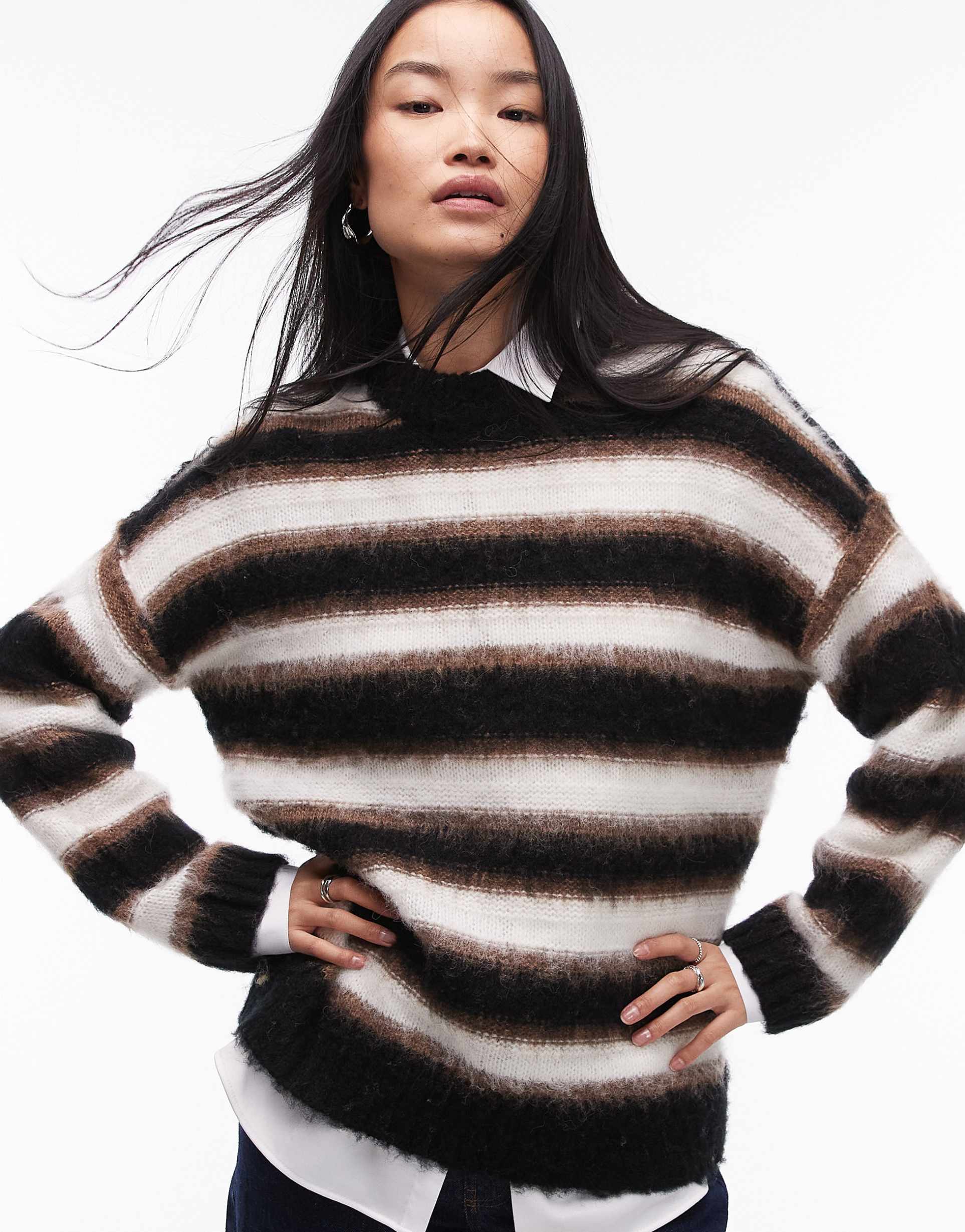 topshop knitted neutral stripe oversized sweater in black and brown
