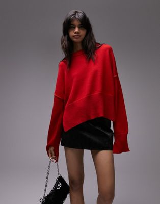 Topshop knitted notch detail crew neck jumper in red