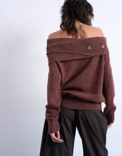Model wearing Knitted off shoulder button detail top in brown