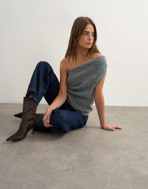 Topshop knitted one shoulder draped top in gray - view 1