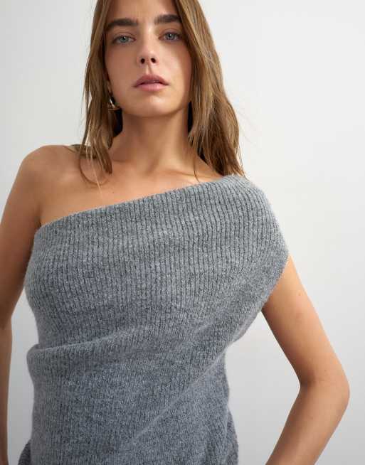 Topshop knitted one shoulder draped top in gray, 3 of 4