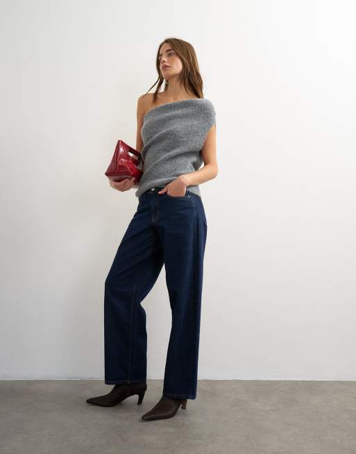 Topshop knitted one shoulder draped top in grey, 2 of 4