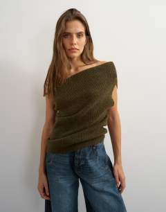 Model wearing Knitted one shoulder draped top in khaki