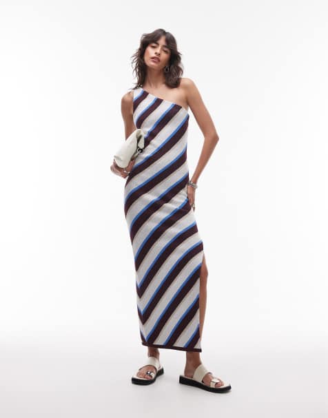 Topshop knitted one-shoulder maxi dress in stripe - view 1