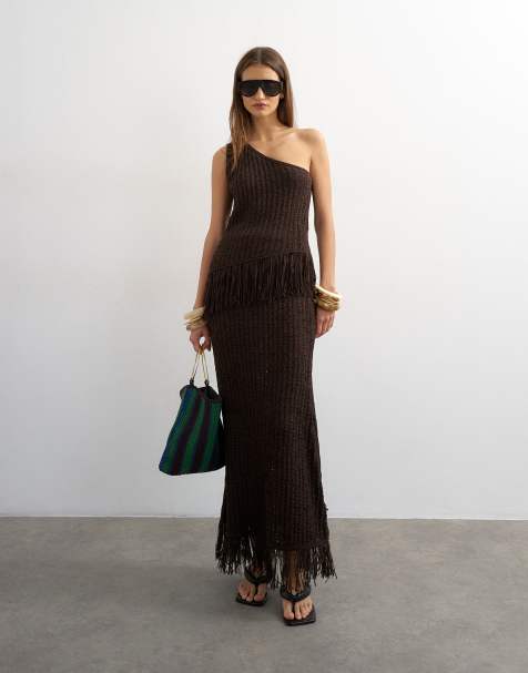 Topshop knitted one shoulder tape yard co-ord in chocolate - view 1
