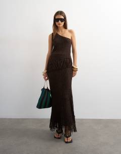 Model wearing Knitted one shoulder tape yarn co-ord fringing top in chocolate