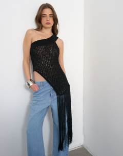 Knitted one shoulder tassel top in black