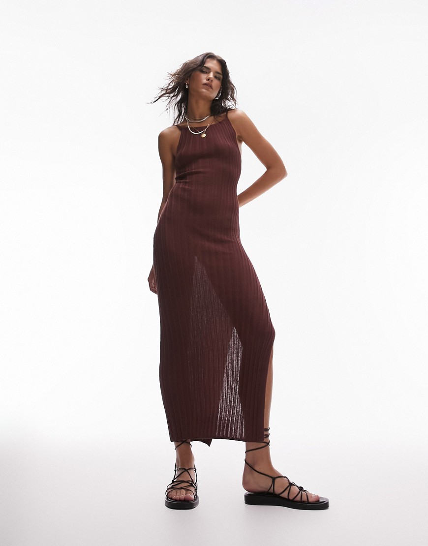 Topshop knitted open back strappy midi dress in chocolate-Brown