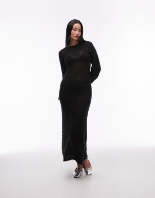 knitted open boucle maxi dress in black