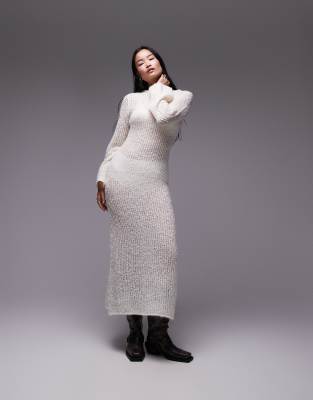 knitted open boucle maxi dress in ivory-White