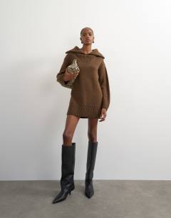 Knitted open collar mini dress with wool in brown