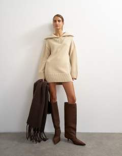 Knitted open collar mini dress with wool in oat