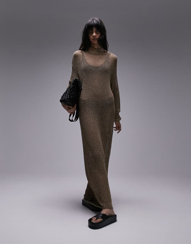 Topshop knitted open long sleeve dress in brown