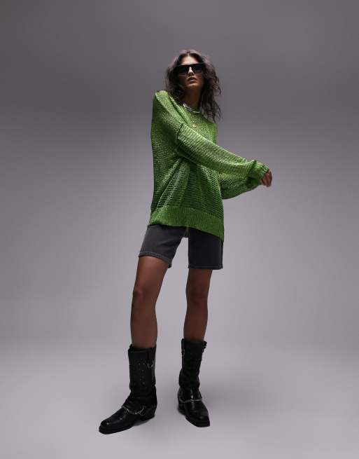 Topshop knitted open metallic oversized sweater in green | ASOS