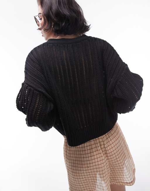 Topshop knitted open stitch cardigan in black, 3 of 4