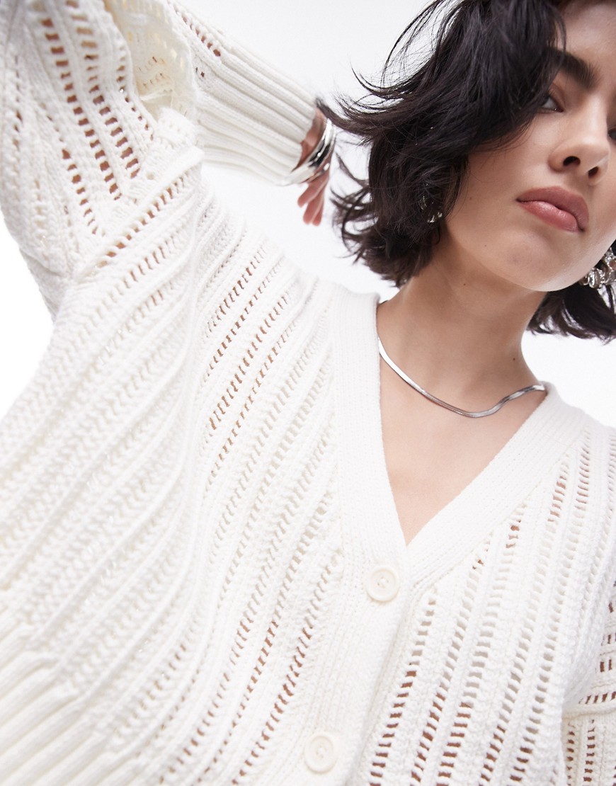 knitted open stitch cardigan in ivory-White