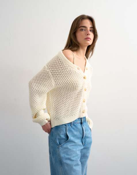 Topshop knitted open stitch cardigan in ivory - view 1
