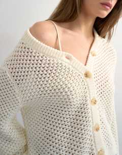 Model wearing Knitted open stitch cardigan in ivory