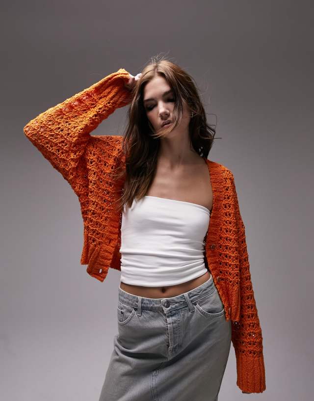 Topshop knitted open stitch cardigan in orange