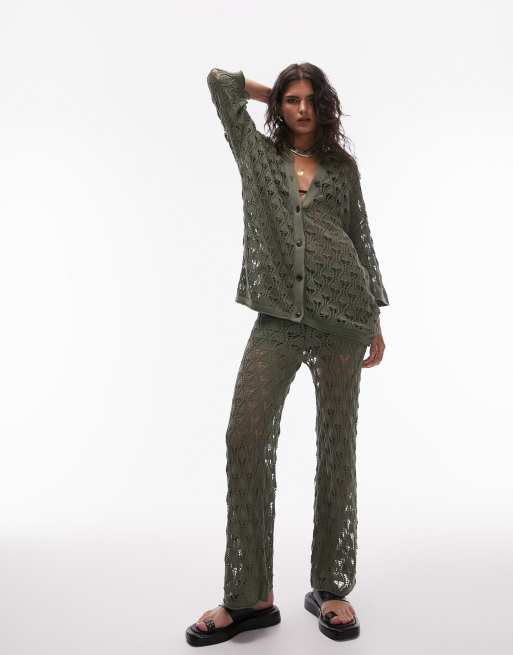Topshop knitted open stitch collared shirt in green (part of a set)