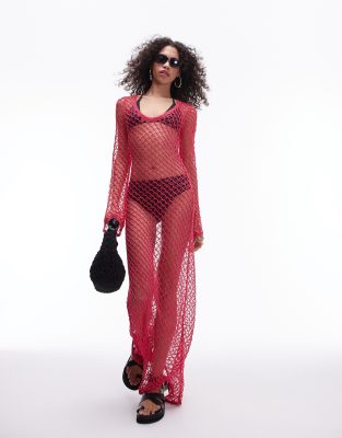 Topshop knitted open stitch long sleeve maxi dress in pink