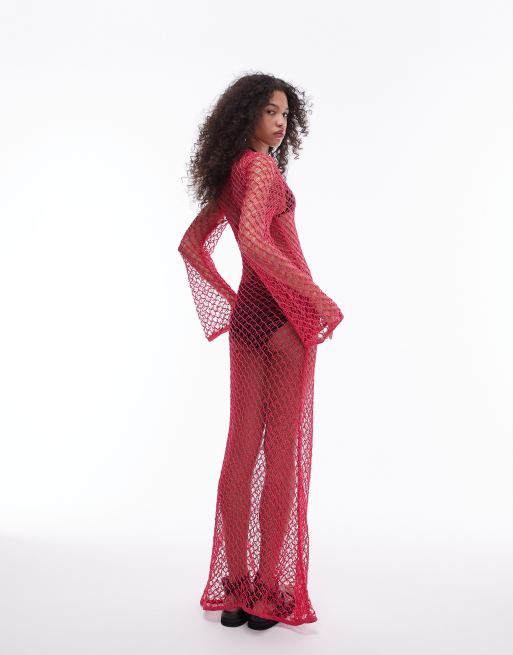 Topshop knitted open stitch long sleeve maxi dress in pink, 4 of 4