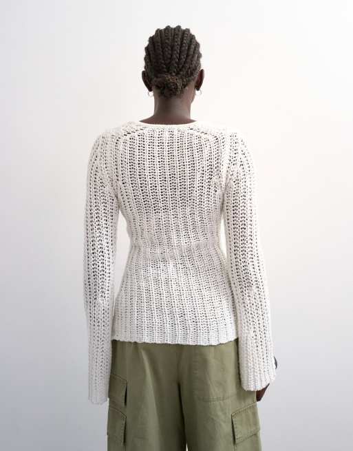 Topshop knitted open stitch long sleeve top in ivory, 3 of 4