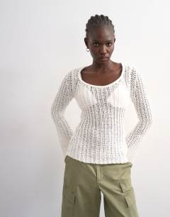 Knitted open stitch long sleeved top in ivory