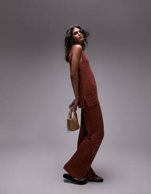 Topshop Knitted Open Stitch Pants In Rust - Part Of A Set-red In Red